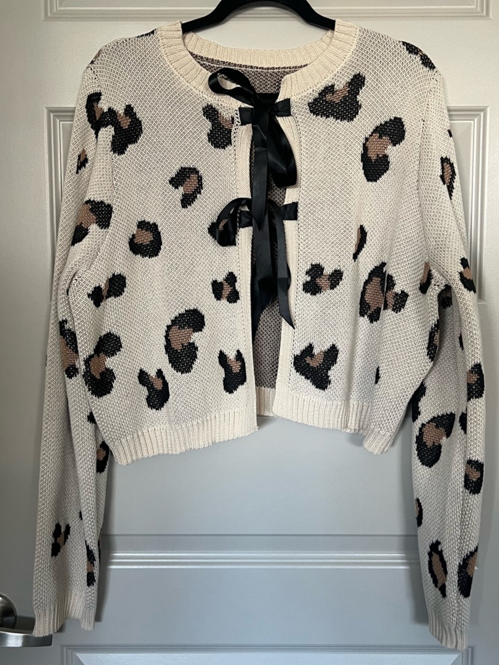 SHEIN Cream Leopard-Print Ribbon Tie Cardigan